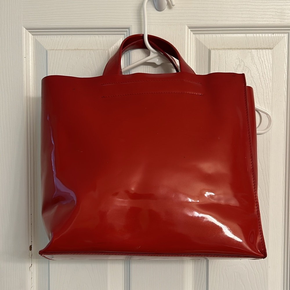 Furla Red Patent Leather Structured Divide It Tote Bag Silver Logo Charm - Picture 2 of 16